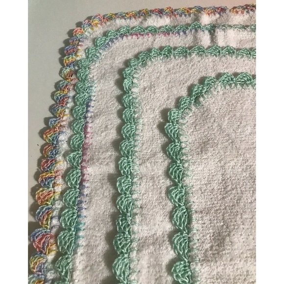Set Of 4 Handmade White Towels With Aqua Crochet Edge. 11x11 Inches. - Picture 2 of 8